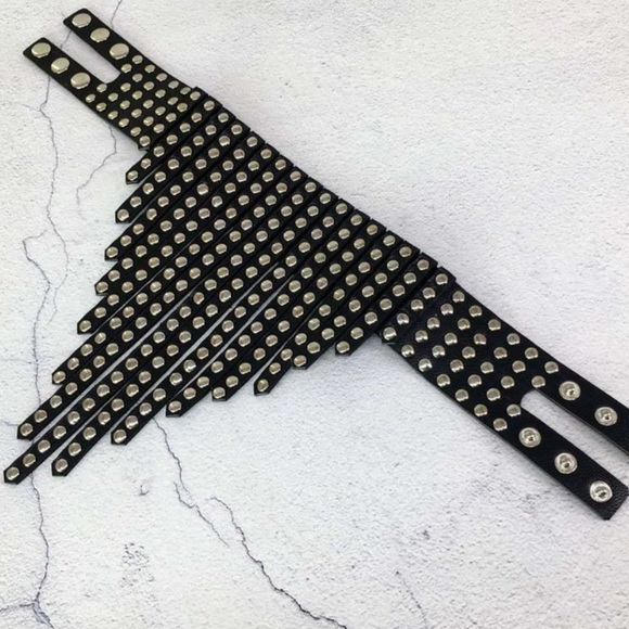 New Black Leather Studded Fringe Collar Statement Necklace - Picture 2 of 16